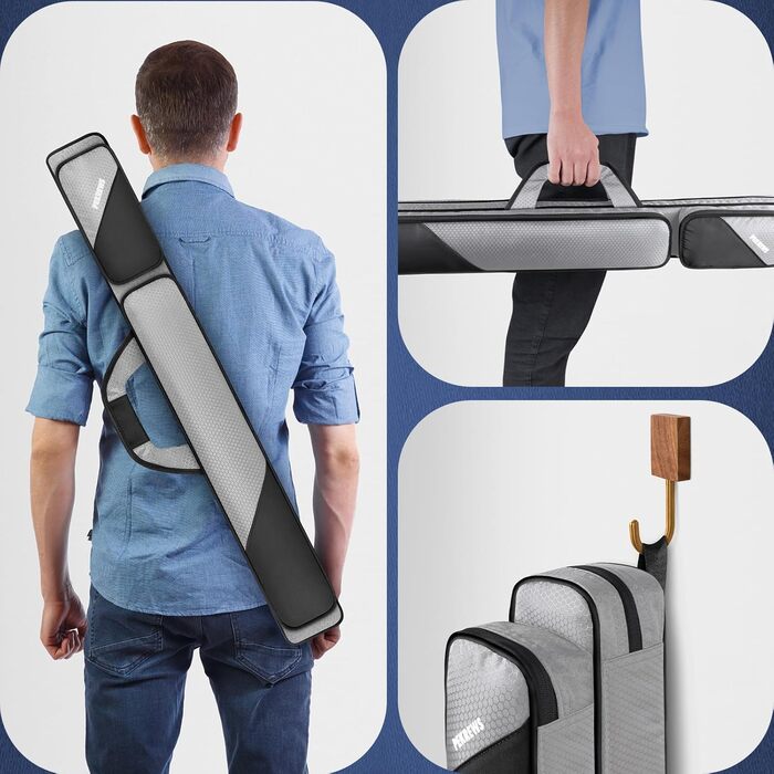 Чохол для більярдних київ 2x2 на 2 киї з кишенями на блискавці для аксесуарів, міцний, поліестер, з плечовим ременем та ручкою, м'який, для жінок та чоловіків (Сірий/Чорний)