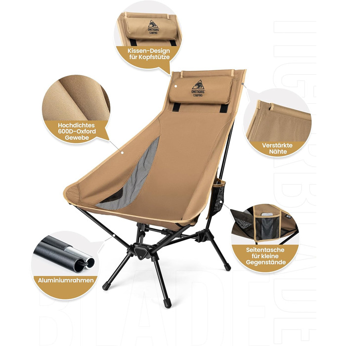 Стілець для кемпінгу OneTigris TIGERBLADE з високою спинкою, 170 кг, складний, легкий, з трикутним каркасом, для риболовлі з 2 кишенями, для відпочинку на природі, піших прогулянок, колір Койот