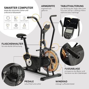 Велотренажер SportPlus Profi Air Bike з повітряним опором, сумісний з додатком, для HIIT, розумний комп'ютер, до 135 кг, чорний/жовтий