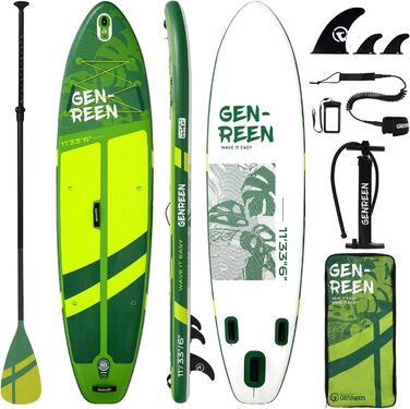 Надувне SUP-борд GENREEN (Extra Groß) для всіх рівнів підготовки, 335x86 см, для дорослих, з аксесуарами, з тримачем для камери, 3 фіни, вантажопідйомність до 200 кг (Monstera green)