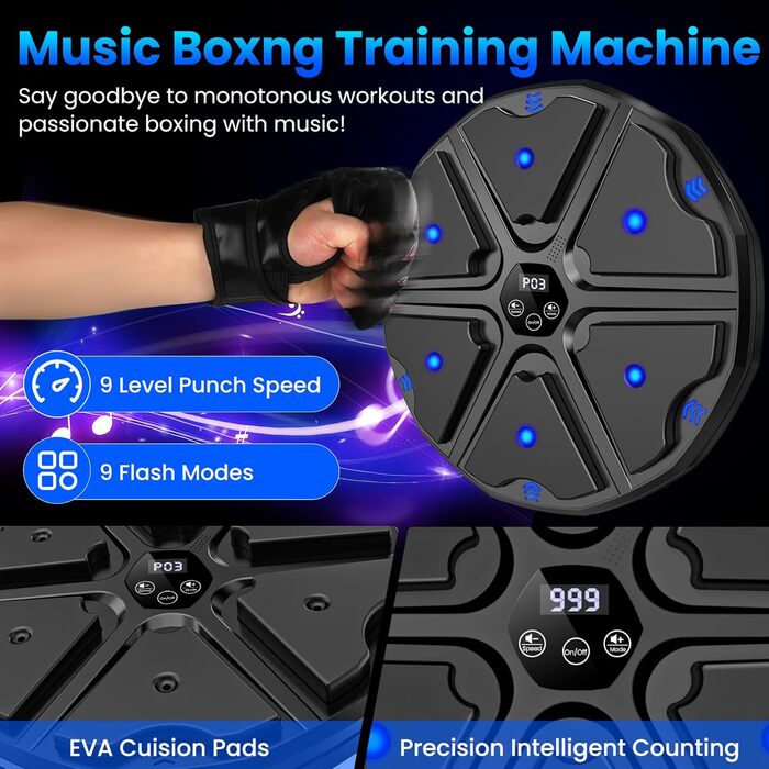 Музичний боксерський тренажер: електронна машина для ударів з Bluetooth, 9 режимів та музикою (чорний)