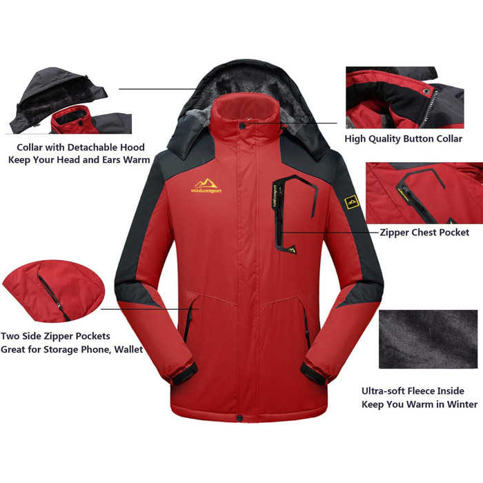 Чоловіча зимова куртка EKLENTSON: водонепроникна, вітронепроникна, з підкладкою, для туризму та активного відпочинку, 4 кишені, червона
