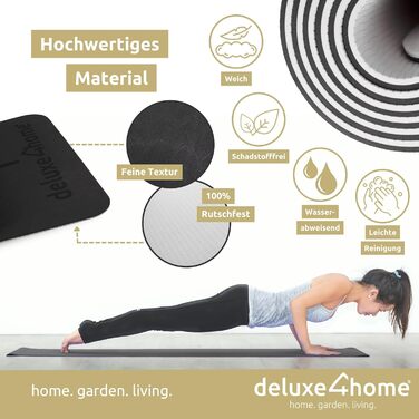 Килимок для йоги та фітнесу deluxe4home, нековзкий, з ременем для перенесення, для пілатесу і тренувань, з лініями вирівнювання, чорний