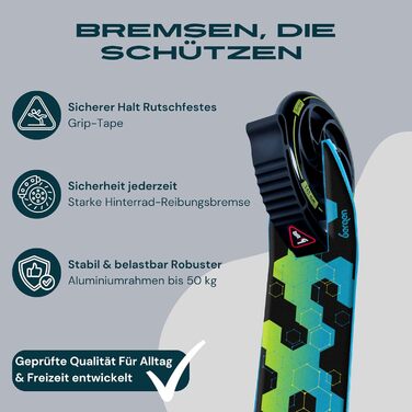 Самокат міський Bergen City Scooter Sonic – алюмінієвий, складаний, колеса PU 145мм, амортизатор, гальмо заднє, регульована висота, для дітей від 5 років, легкий, чорний/білий/синій/зелений