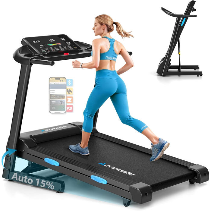 Бігова доріжка для дому складний з автоматичним нахилом, Walking Pad 14KM/H, біговий доріжка з 3.0-PS двигуном, 12 попередньо встановлених програм та фітнес-додаток, обладнання для фітнесу, вантажопідйомність 160Kg, чорний