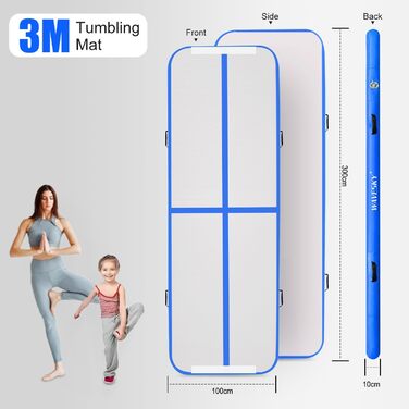 Надувна гімнастична мата Tumble Track, 3м/4м/5м, 10см, протиковзка, для дому, спорту, йоги, фітнесу, челедингу, водного спорту (Блакитна, 300x100x10 см)