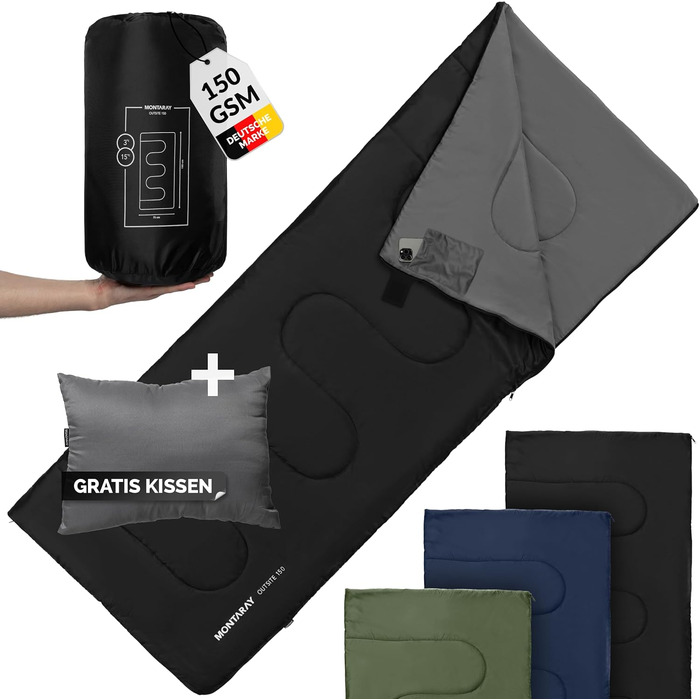 Спальний мішок для кемпінгу з капюшоном до -3°C з подушкою - зимовий та літній спальний мішок на 3-4 сезони (75 x 220 см) - туристичний спальний мішок для жінок та чоловіків (теплий) (Чорний, 150GSM, без капюшону)