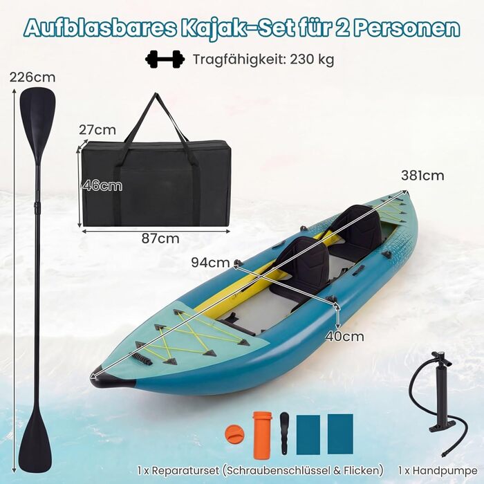 Надувний каяк COSTWAY для 2 осіб з алюмінієвими веслами, EVA-сидінням, насосом та ремкомплектом, сумка, 230 кг, блакитний