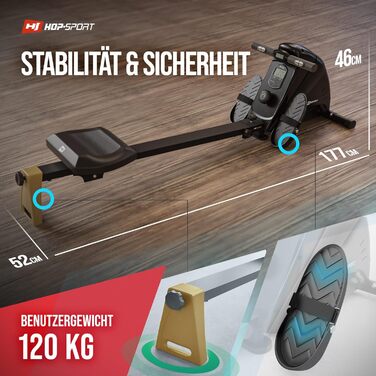 Гребний тренажер Hop-Sport Boost для дому, складаний, з магнітною системою гальмування, комп'ютером, кулькопідшипниковим сидінням, 10 рівнів навантаження, до 120 кг, золотий