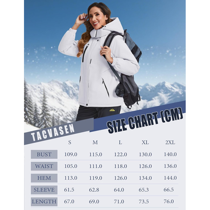 TACVASEN Зимова куртка для жінок, водонепроникна, з флісовою підкладкою, знімний капюшон, для сноуборду та катання на лижах, біла, розмір M