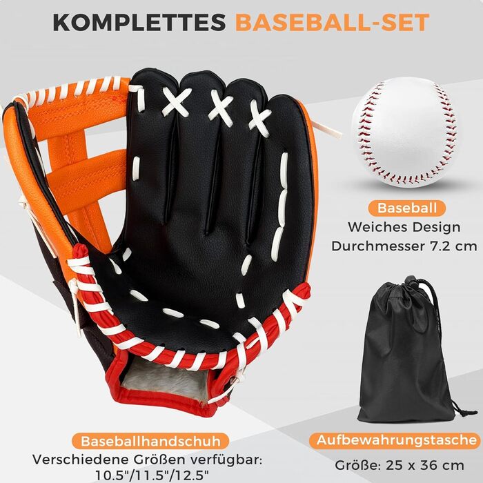 Рукавиця для бейсболу та софтболу з м'ячем, дитяча та доросла, потовщена, змагальна, помаранчево-чорна, 11.5 дюймів