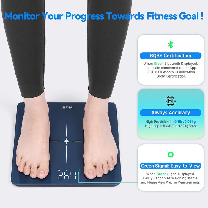 Ваги підлогові Vitafit з Bluetooth, аналізатор складу тіла (жир, м'язи, BMI), до 180 кг, висока точність, блакитні