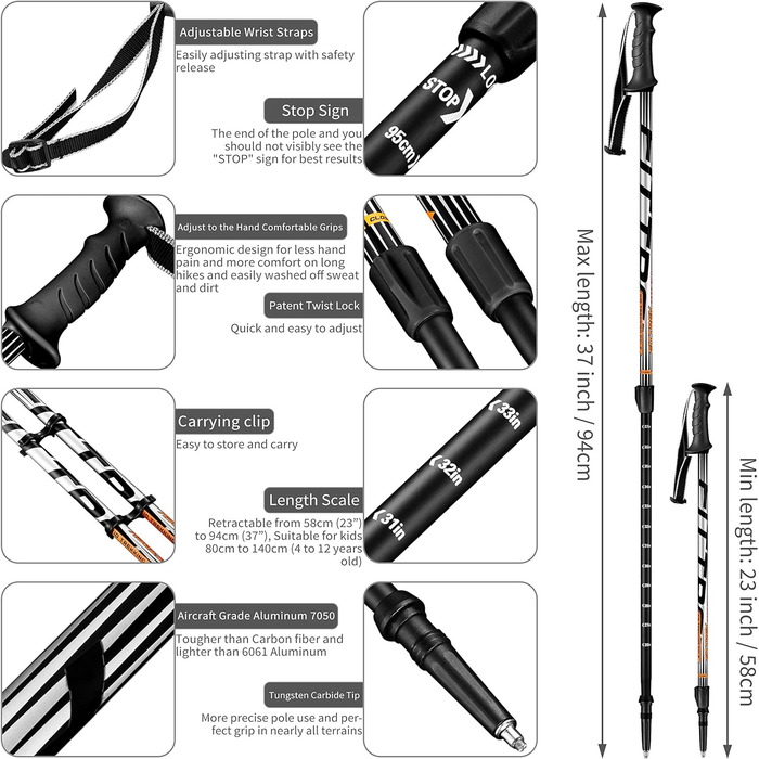 Дитячі телескопічні палиці для скандинавської ходьби та трекінгу FitTrek, регульовані, легкі (чорні) з гумовими наконечниками та сумкою