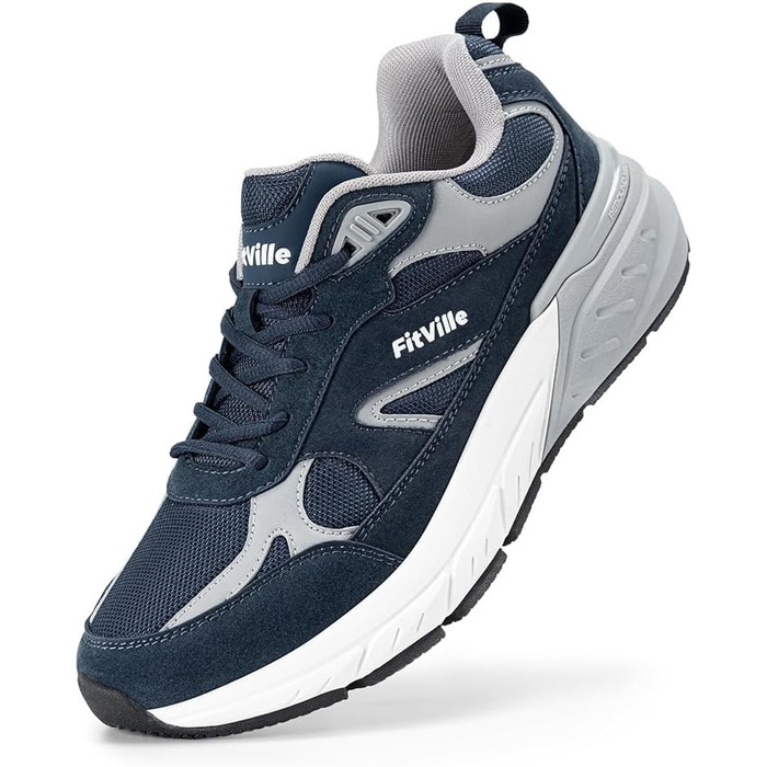 Кросівки FitVille для чоловіків: широкі бігові кросівки, спортивне взуття, неслизькі, дихаючі, для бігу по вулицях, outdoor, для джогінгу, фітнесу, зручні для широкої стопи (42.5 EU X-Wide, темно-синій з сірим)