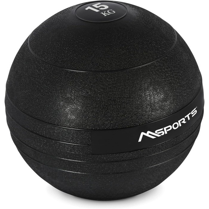MSPORTS Slam Ball Premium 15 кг – медичний м'яч для кросфіту, чорний, гумовий, для тренувань, вага 15 кг