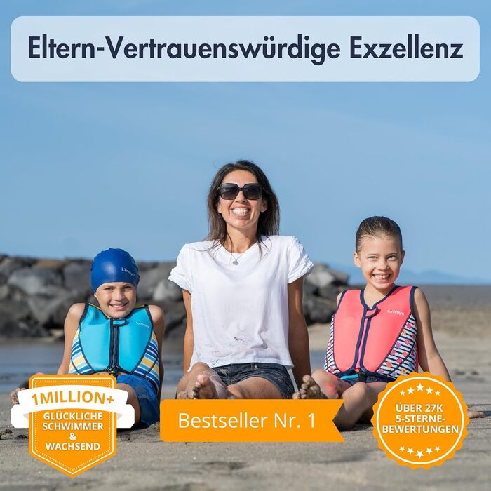 Плитка для плавання Liys Schwiweste для дітей - допоміг для плавання з регульованою плавучістю, сертифікат CE, переможець тесту на Vergleich.de, м'який неопреновий комір, безпечне та надійне виконання, з сумкою для перенесення (L, блакитний)