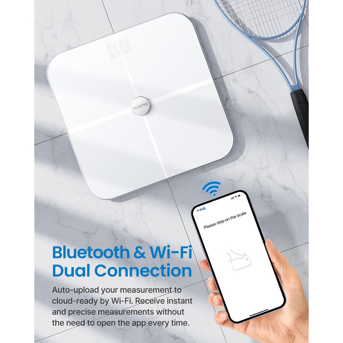 Розумна вага RENPHO WLAN з аналізом складу тіла, Bluetooth, вимірюванням жиру, м'язової маси, ІМТ, води, 13 показників, синхронізація з додатком, 280 мм, біла