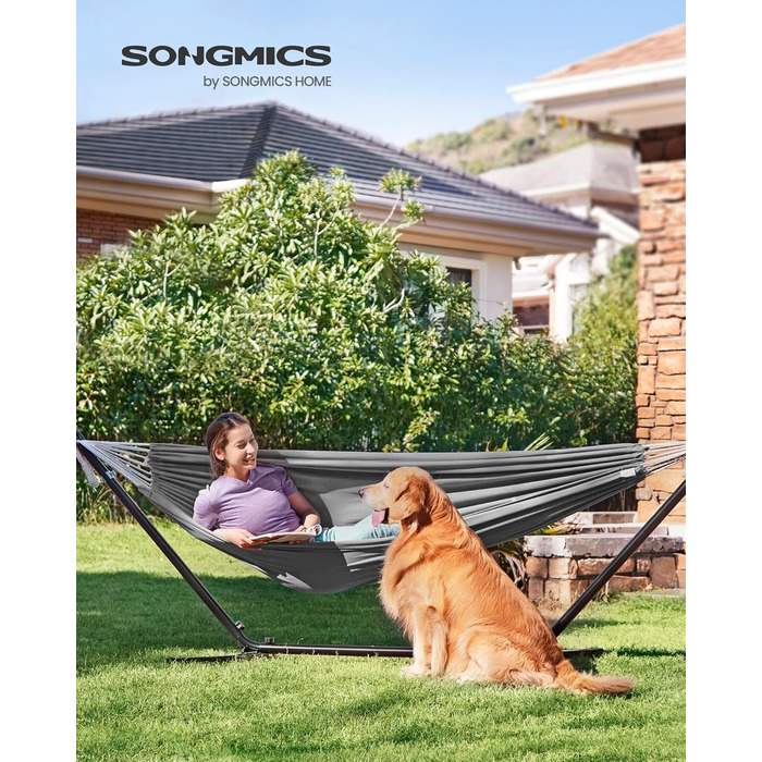 Гамак SONGMICS 210x150 см з металевим каркасом, регульована висота, до 240 кг, чорний каркас, сірий гамак для саду GHS001G01