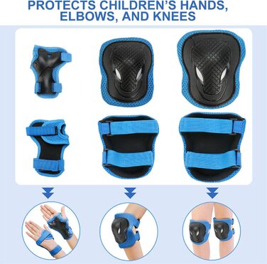 Дитячий шолом KAMUGO з комплектом захисту: наколінники, налокітники, захист зап'ясть. Підходить для дітей 1-8 років для роликів, скейта, велосипеда. Колір: синій, карбон