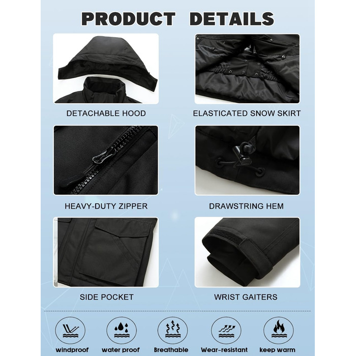 Сніговий костюм HOUZONIY для чоловіків: сноуборд, лижі, чорний, з капюшоном
