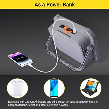 ERAY Сонячний LED прожектор 150W з акумулятором 7800mAh, 336 LED, 4 режими, 3 способи зарядки, портативний кемпінговий ліхтар та робоча лампа для кемпінгу, гаража, надзвичайних ситуацій на відкритому повітрі (сірий)