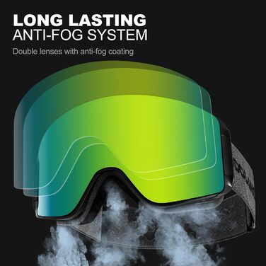 Одаленд Скі-маска для жінок та чоловіків, дітей. Снігові окуляри з антитуманним покриттям, захистом від УФ-випромінювання, магнітними змінними лінзами. Сумісні з шоломом для сноубордингу та катання на лижах. Чорний колір. VLT 8.8% (золоті лінзи — VLT 15%)