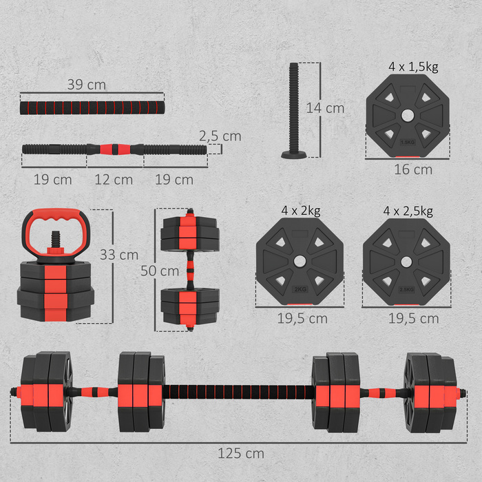 Спортивний Набір Гантелей SPORTNOW 4-в-1: Короткі гантелі, штанга, регульована вага 25 кг для силових тренувань вдома