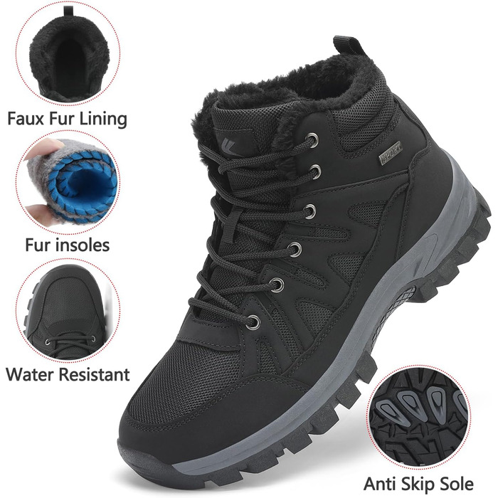 Чоловічі зимові черевики FLARUT: тепла підкладка, для хайкінгу, трекінгу, снігових прогулянок, чорний, 46 EU