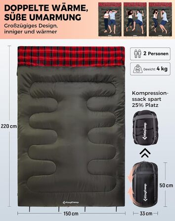 Спальний мішок KingCamp на 2 особи з фланелі, зимовий, для кемпінгу та відпочинку на природі, 3-4 сезони, з 2 подушками, підходить для дітей та дорослих (зелений)