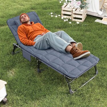 Розкладне шезлонг з регульованою спинкою в 4 положеннях, портативний багатофункціональний лежак для кемпінгу, саду, басейну, патіо - блакитний, з м'яким матрацом та подушкою