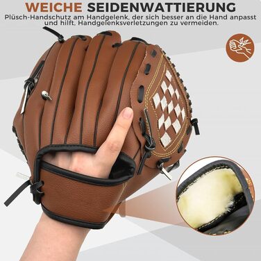 Рукавиця для бейсболу та софтболу з м'ячем, тренувальна змагальна, потовщена, дитяча та доросла, коричнева 11.5 дюймів