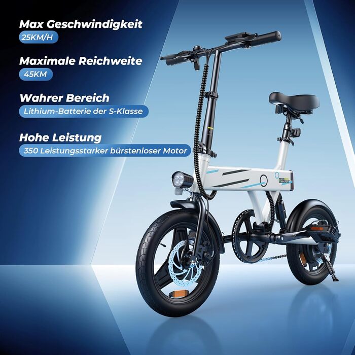Складний електровелосипед Finbike 14/16 дюймів, 250Вт, акумулятор 7.8Аг, швидка зарядка, 3 режими швидкості, до 45 км, для дорослих і підлітків, біло-синій