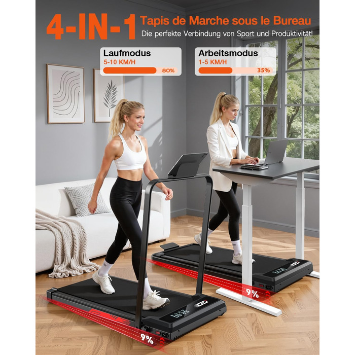 Складане бігове доріжки 4-в-1 з ручним нахилом 9%, тихий електричний біговий тренажер до 10 км/год, безщітковий двигун 3.0 PS, амортизація, LED-дисплей, компактний, для дому та офісу