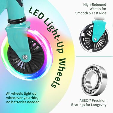 Белеїв V2 Роликовий Самокат для Дітей 6 років, з LED-підсвічуванням, регульована висота, гальма, для дівчаток та хлопчиків 3-12 років (Аква)