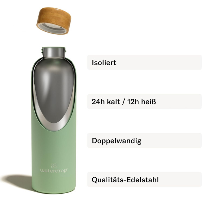 Термопляшка Waterdrop Edelstahl 600 мл з нержавіючої сталі: герметична, для газованих напоїв, без BPA, двостінна, для гарячих та холодних напоїв - для подорожей, офісу, фітнесу
