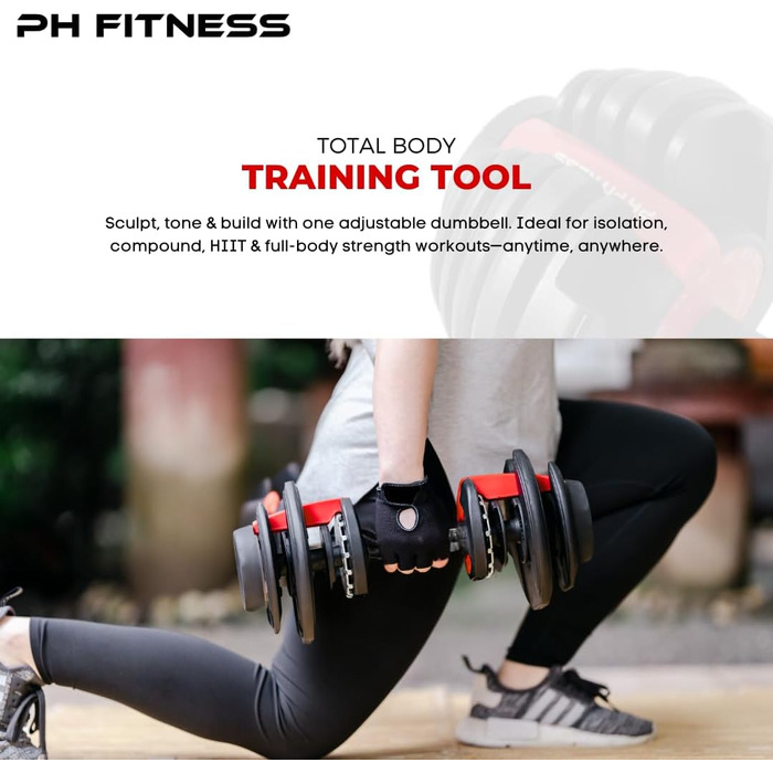 Регульована штанга 24 кг – окрема – 15 в 1 – для дому та силових тренувань. Компактна, чорно-червона