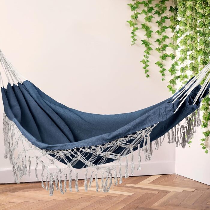 Гамак подвійний 200x150 см, до 200 кг, бавовна, блакитний, Boho стиль, для саду, балкону, тераси, дитячий та дорослий