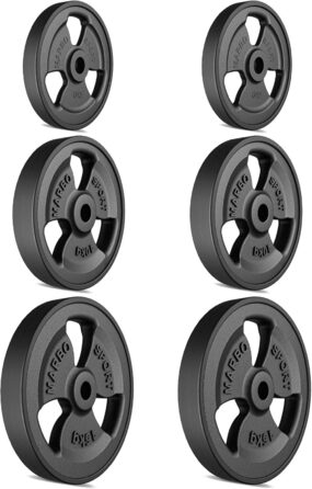 Набір дисків для штанги Marbo Sport Tri-Grip з чавуну з гумовим покриттям, отвір 31 мм, 2x5 кг, 2x10 кг, 2x15 кг