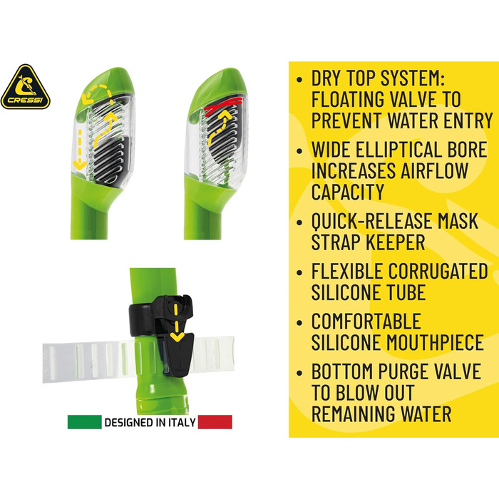 Маска для снорклінгу Cressi F1 (Рамка відсутня) + Трубка Dry - Комбо Набір для Дайвінгу та Снорклінгу, Унісекс, Прозора/Жовта