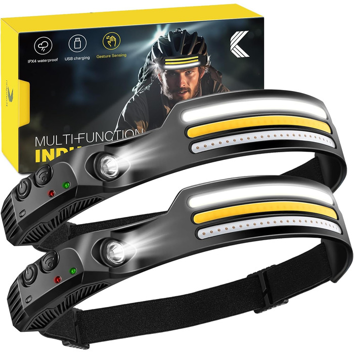 Налобний ліхтар Konqkin 2 шт. LED перезарядна головолампа з 10 режимами, IPX4, з датчиком та червоним світлом для кемпінгу, риболовлі та бігу, чорний