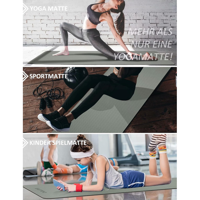 Килимок для йоги з неслизьким покриттям та ручкою, 6|8 мм товщина, фітнес килимок для занять спортом вдома та на вулиці, чорний та сірий