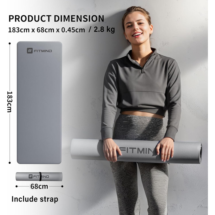 Килимок для йоги FITMIND з PU, антиковзкий ULTRA GRIP, 183x68 см, 4,7 мм, швидковисихаючий, для пілатесу та йоги, темно-сірий
