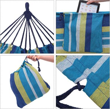 Подвійна гамак SONGMICS, 249x150 см, 136 кг, з сумкою, ременями, карабінами, для тераси, балкона, саду, відпочинку на природі, кемпінгу, блакитно-жорий