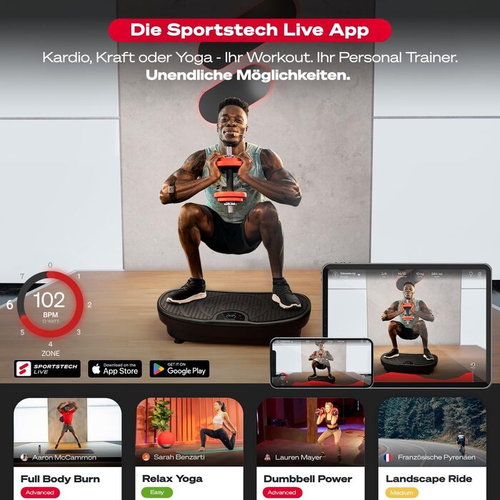 Вібраційна платформа Sportstech VP250, німецька якість, вигнутий дизайн, 180 рівнів, 8 програм, спалювання жиру та зміцнення м'язів, Bluetooth