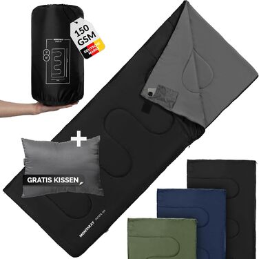 Спальний мішок для кемпінгу з капюшоном до -3°C з подушкою - зимовий та літній спальний мішок на 3-4 сезони (75 x 220 см) - туристичний спальний мішок для жінок та чоловіків (теплий) (Чорний, 150GSM, без капюшону)