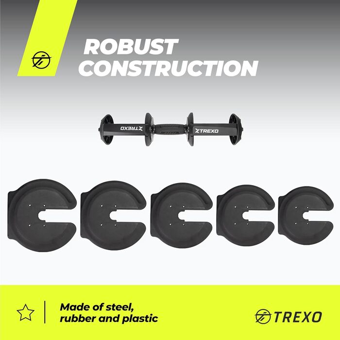 Регульована гантеля TREXO 18-40 кг з заліза, з ергономічною нековзною ручкою, чорна, для фітнесу, налаштування ваги поворотом
