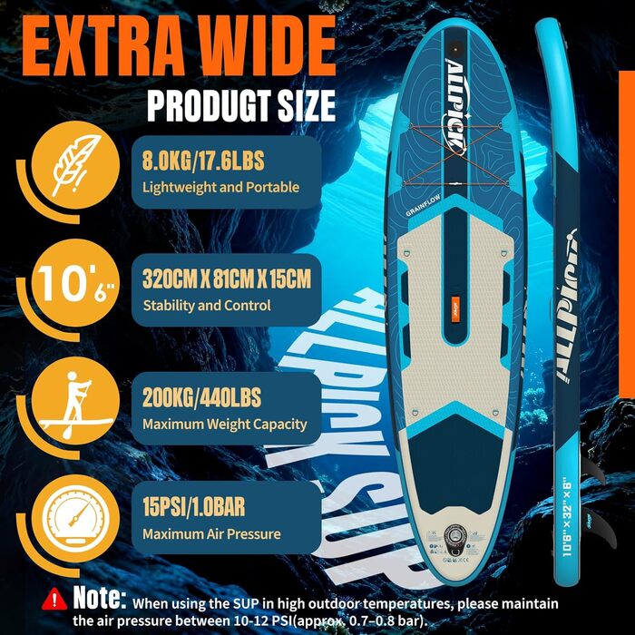 Надувний SUP-борд ALLPICK Premium з аксесуарами, тримачем для камери, регульованим веслом, для початківців та досвідчених, 200 кг, колір: Глибокий синій