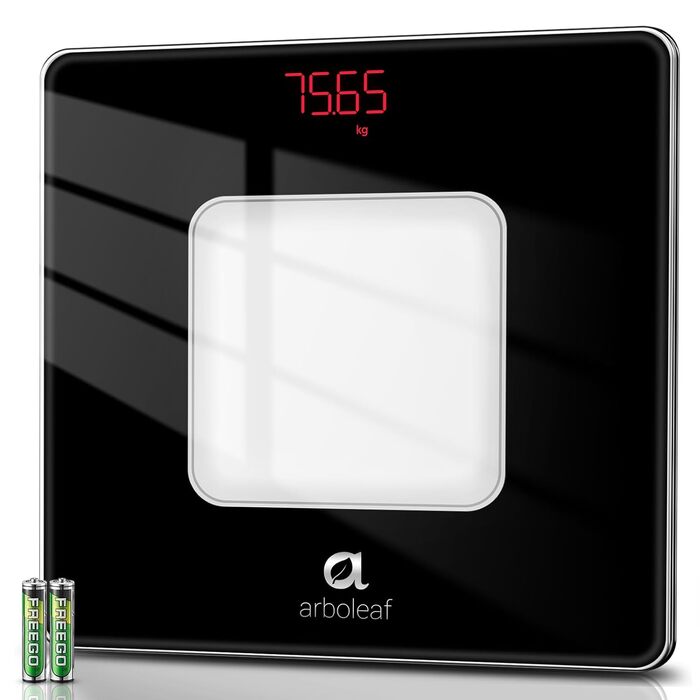 Arboleaf Ваги для людей, високоточні електронні ваги з LED-дисплеєм, технологією Step-On, загартоване скло, до 180 кг, чорні, з батарейками