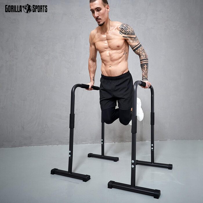 Паралети GORILLA SPORTS® для віджимань і діпів, сталеві, антипослизькі, до 200 кг, 68x45x94 см, чорні – станція для віджимань, кросфіт і калістеніка