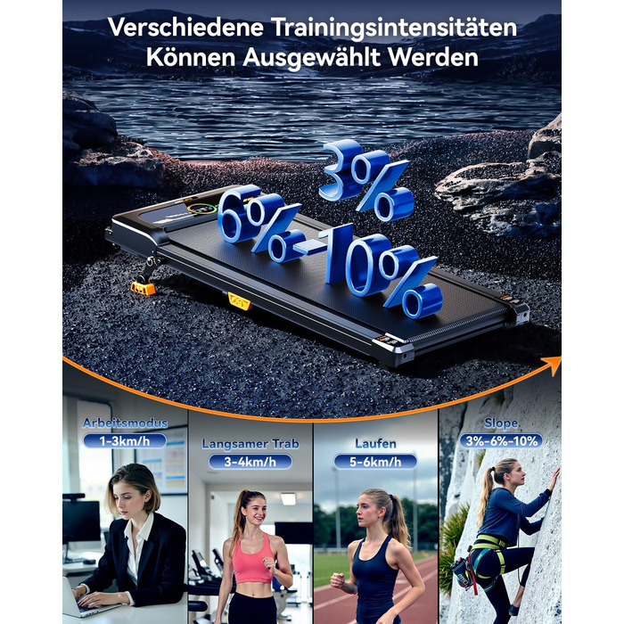 Бігова доріжка AnyLife з регулюванням нахилу, компактний, тихий, LED-дисплей, для дому, чорний, до 150 кг